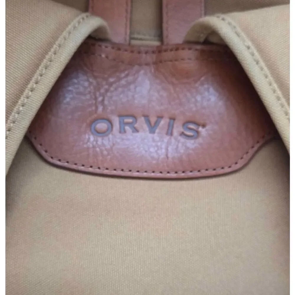 Orvis Canvas Roll Top Backpack Leather Trim Plaid Lining Tan Brown Heritage EUC